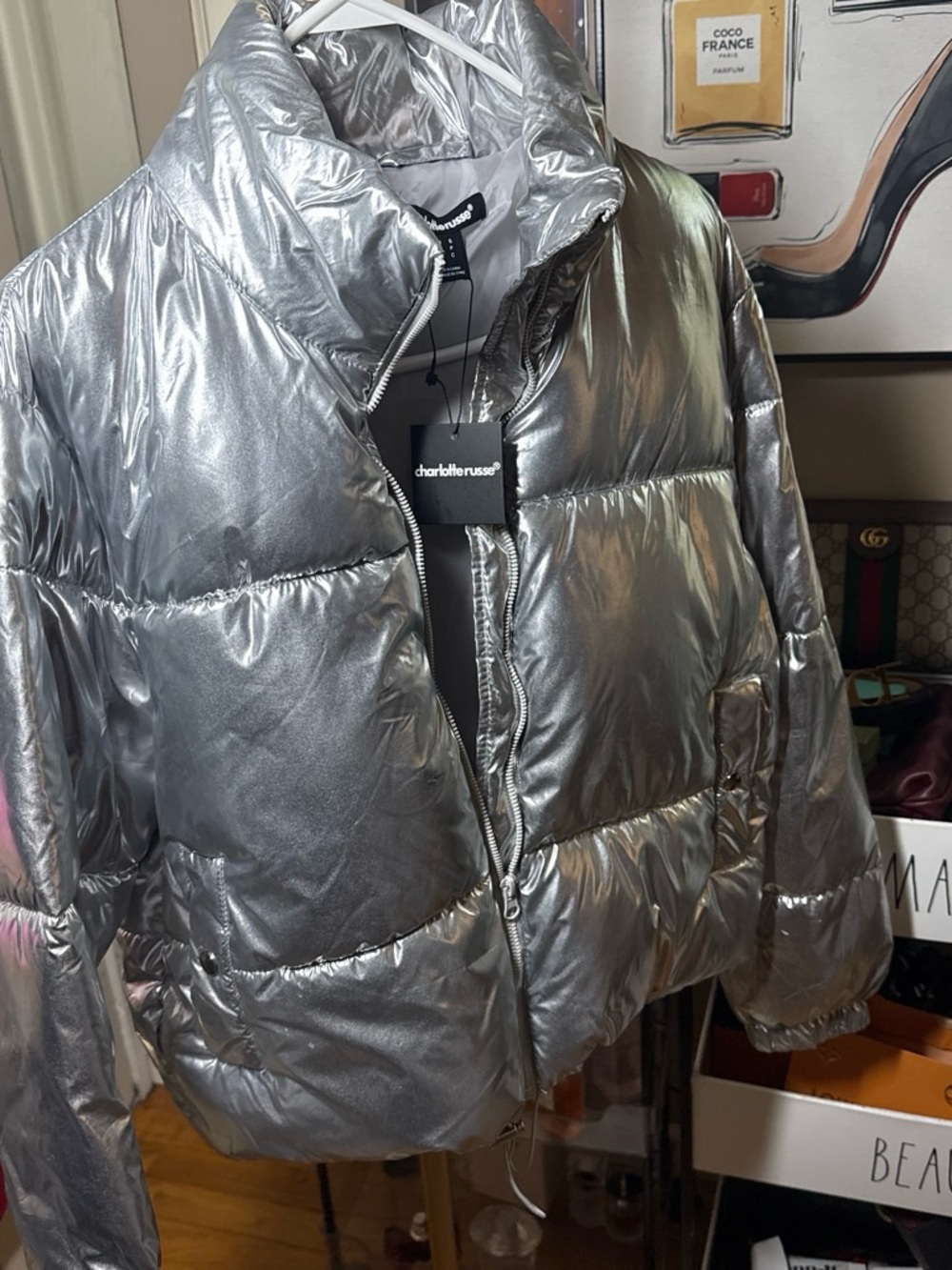 Charlotte Russe Metallic Silver Cropped Puffer Jacket